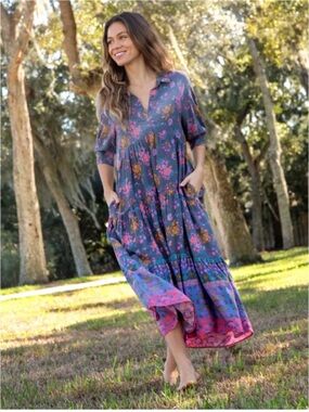 Natural Life Rebecca  Midi Dress in Blue-Purple with Pink Accents Large